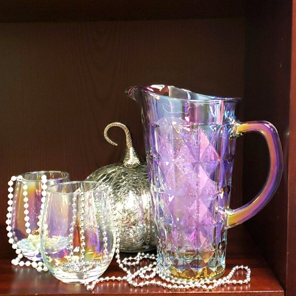 🎉 Iridescent Leaded Beveled Glass Pitcher/ Tu